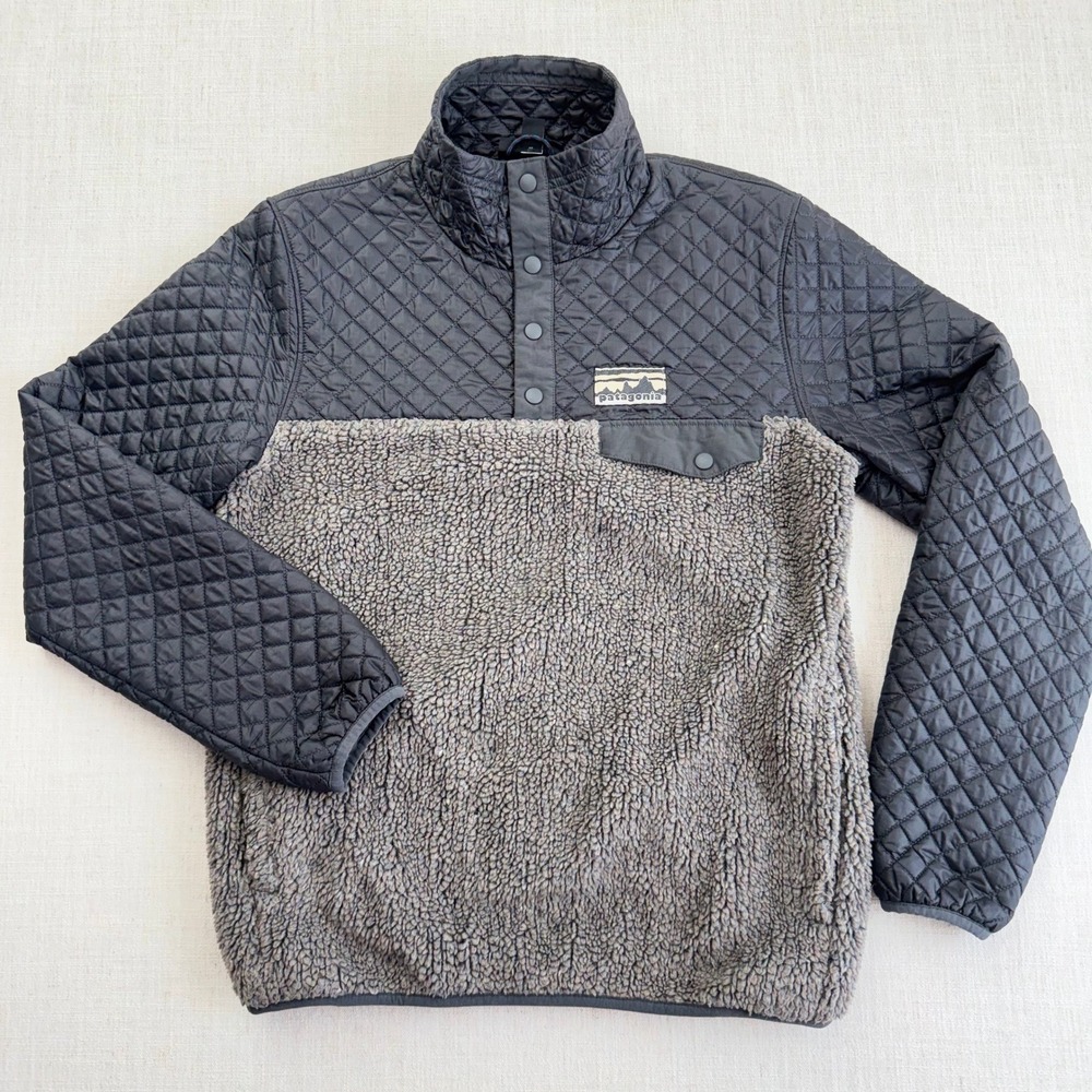Patagonia Mixed Media Quilted Sherpa Snap-T Pullover Jacket Gray Black Womens S